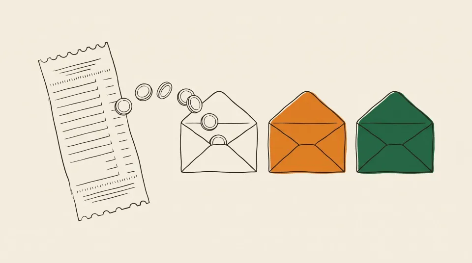 Coins moving from a receipt into envelopes: Build a plan that fills in